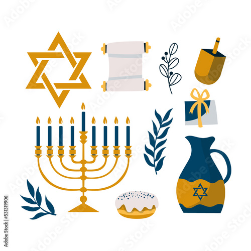 Cartoon decorative elements of Jewish holiday Hanukkah set. Colorful Menorah candles, David star, and flying dove vector flat illustration collection. Various objects of Jewish festival concept