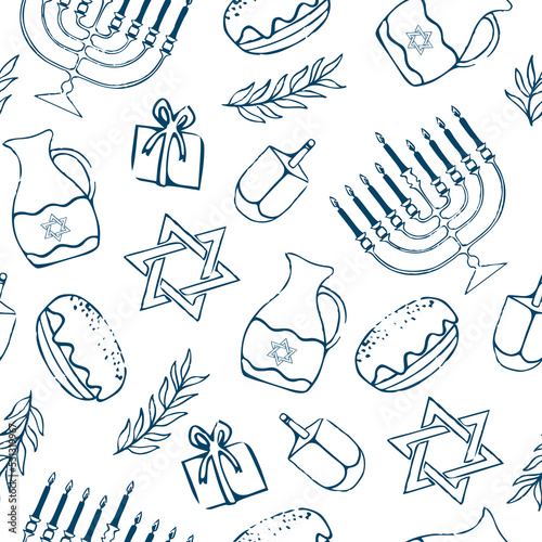 Cartoon decorative elements of Jewish holiday Hanukkah seamless pattern. Colorful Menorah candles, David star, and flying dove vector outline illustration. Various objects of Jewish festival concept