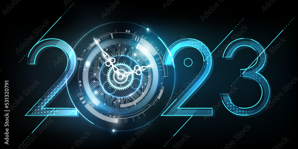 Happy New Year 2023 celebration with white light abstract clock on futuristic technology background, countdown concept, Can rotate clock hands, vector illustration