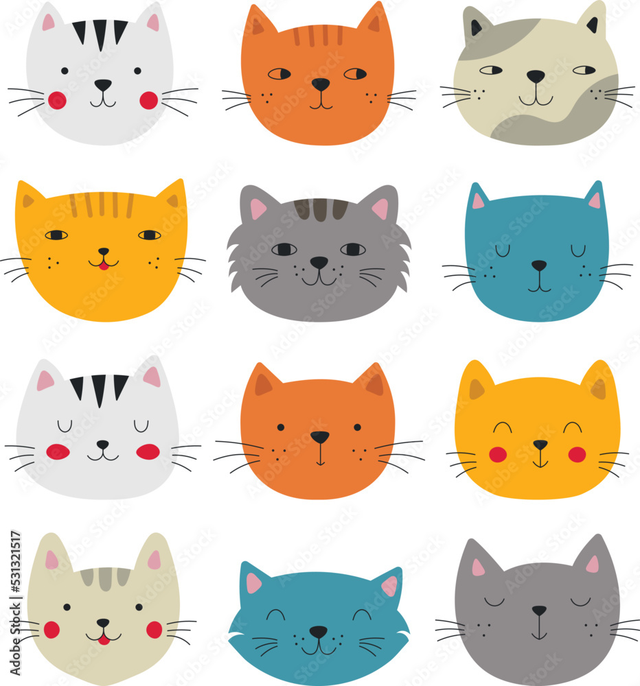Set of vector cute cats in cartoon style. Faces of beautiful cats for cards, t-shirts, stationery, packaging and textiles