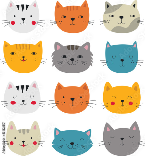 Set of vector cute cats in cartoon style. Faces of beautiful cats for cards  t-shirts  stationery  packaging and textiles