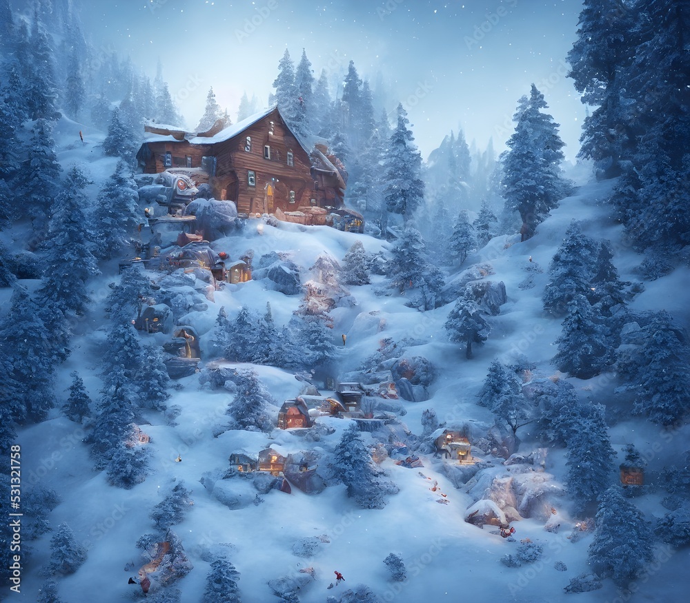  santa claus home, mountain cliff, snow, concept art, 3D, game art