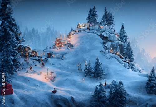  santa claus home, mountain cliff, snow, concept art, 3D, game art © Alena