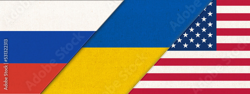 Flag of Ukraine Russia and USA-3D illustration. Three Flag Together.