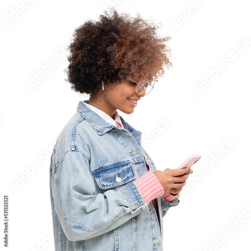Side portrait of modern african girl with afro hairstyle and glasses holding phone, texting to friend, using social media app