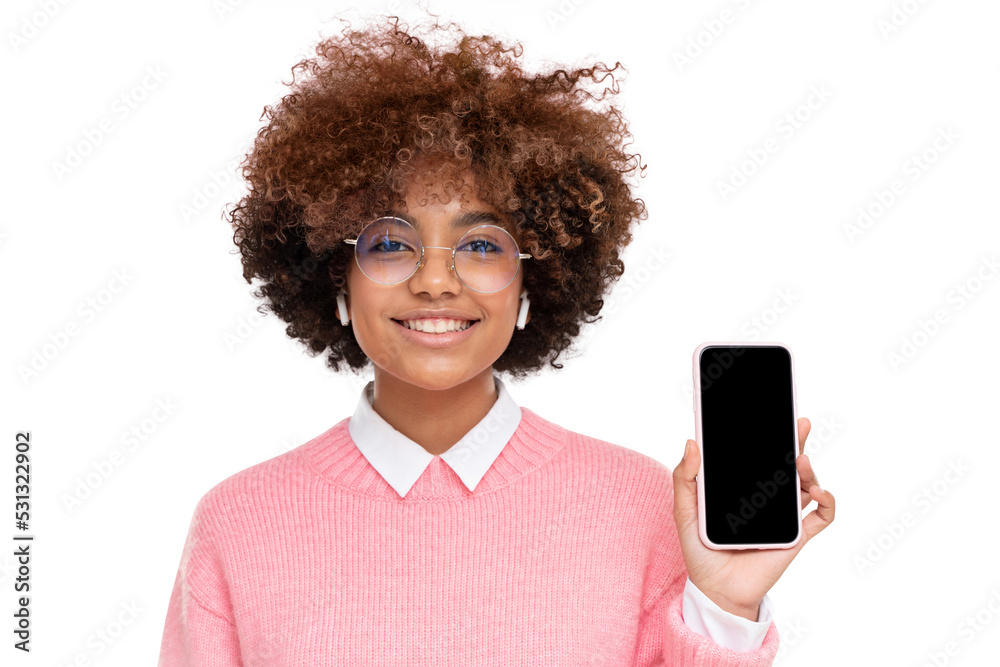 African female teen showing smart phone with blank screen African female teen showing smart phone with blank screen
