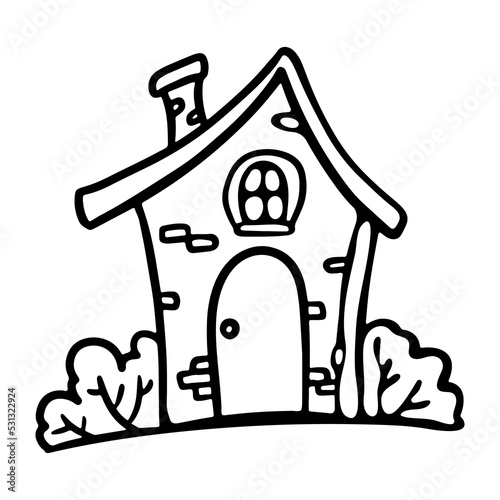 Cute house with bushes outline doodle сartoon style vector illustration for coloring book