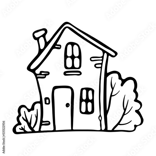 Cute house with bushes outline doodle сartoon style vector illustration for coloring book