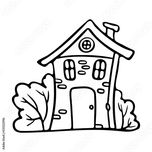 Cute house with bushes outline doodle сartoon style vector illustration for coloring book
