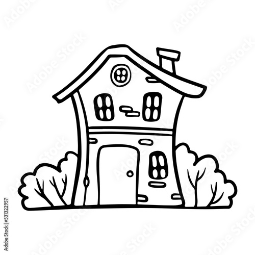 Cute house with bushes outline doodle сartoon style vector illustration for coloring book