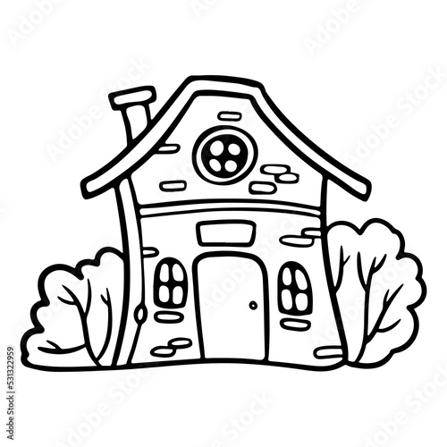 Cute house with bushes outline doodle сartoon style vector illustration for coloring book