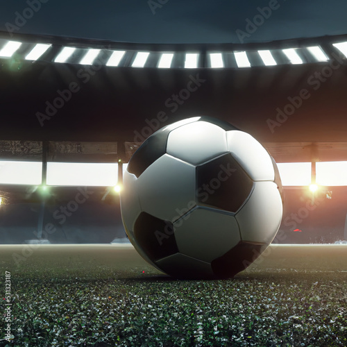 Spotlights illuminating the soccer stadium and the ball in the center. 3D illustration © Diego