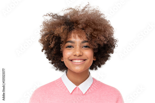 Foto Portrait of smiling african american teen girl with curly afro hair, isolated