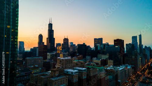 Chicago  IL USA September 15th 2022   establishing aerial drone view image of Chicago metropolitan city area. the buildings architecture look great for tourist to come and see the skyline