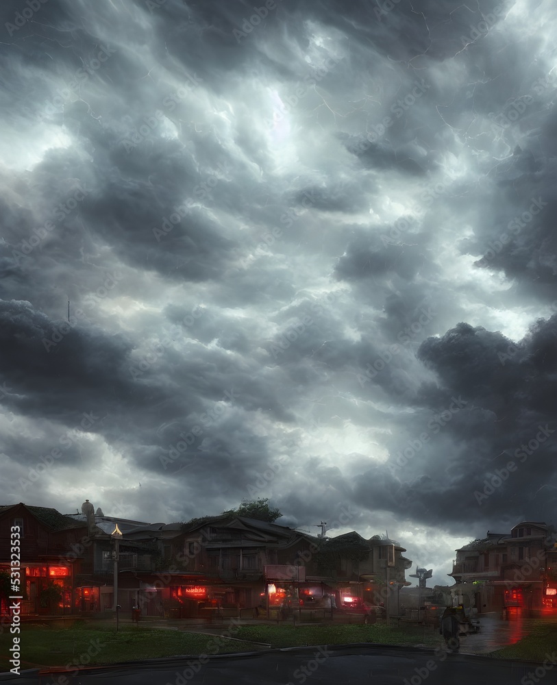 a beautiful thunderstorm rolling over a small town, with the clouds 