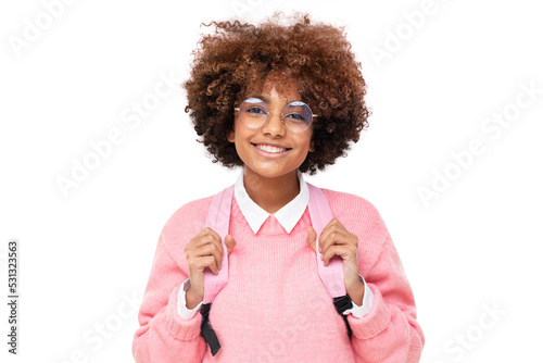 Slika na platnu Studio portrait of pretty smiling african american teen girl, high school or col