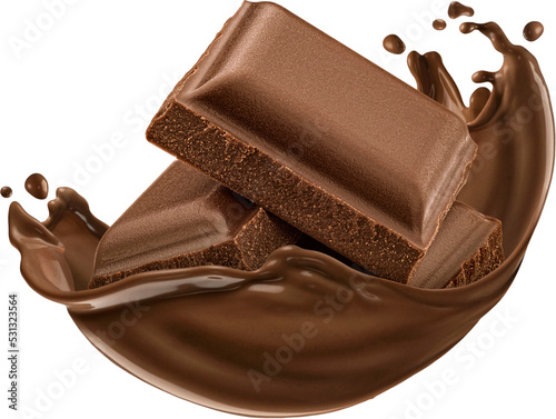 Chocolate pieces with chocolate splash isolated  photo