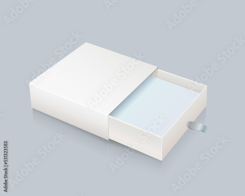White empty cardboard box for branding, presentation or jewelry, sliding open box on a pastel background. Layout template. Vector illustration
