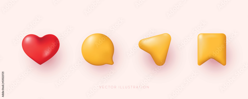 3d social media icon set. Love, comment, share and save. 3D minimal vector illustration - obrazy, fototapety, plakaty 