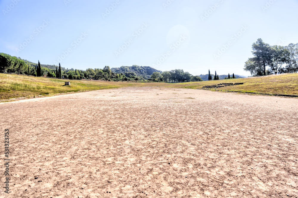 Olympia, Greece - July 19, 2022: Landscapes and ancient relics at the site of the original Olympic Games at Olympia, Greece
