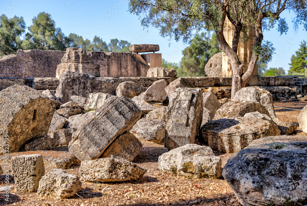 Olympia, Greece - July 19, 2022: Landscapes and ancient relics at the site of the original Olympic Games at Olympia, Greece
Olympia, Greece - July 19, 2022: Landscapes and ancient relics at the site of the original Olympic Games at Olympia, Greece