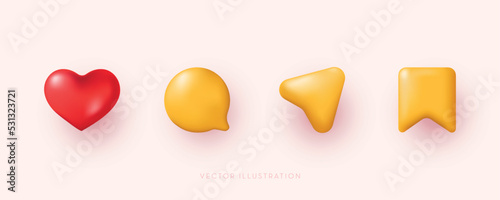 3d social media icon set. Love, comment, share and save. 3D minimal vector illustration