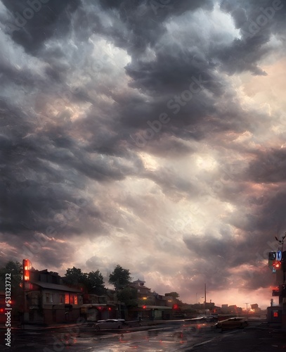 a beautiful thunderstorm rolling over a small town, with the clouds  © Alena