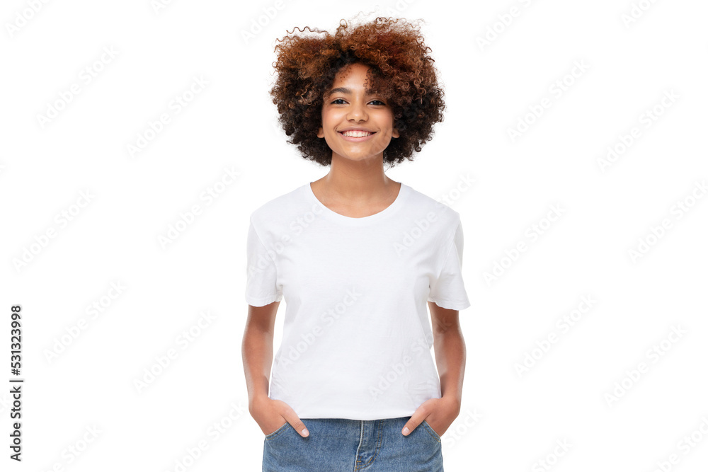 Front view of african american girl standing with hands in pockets, wearing blank t-shirt with copy space Front view of african american girl standing with hands in pockets, wearing blank t-shirt with copy space