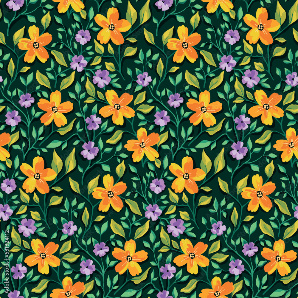Seamless floral pattern, vintage ditsy print with decorative meadow, colorful painting flowers, leaves on a green field. Ornate composition of small flowers, leaves, twigs on a dark background. Vector