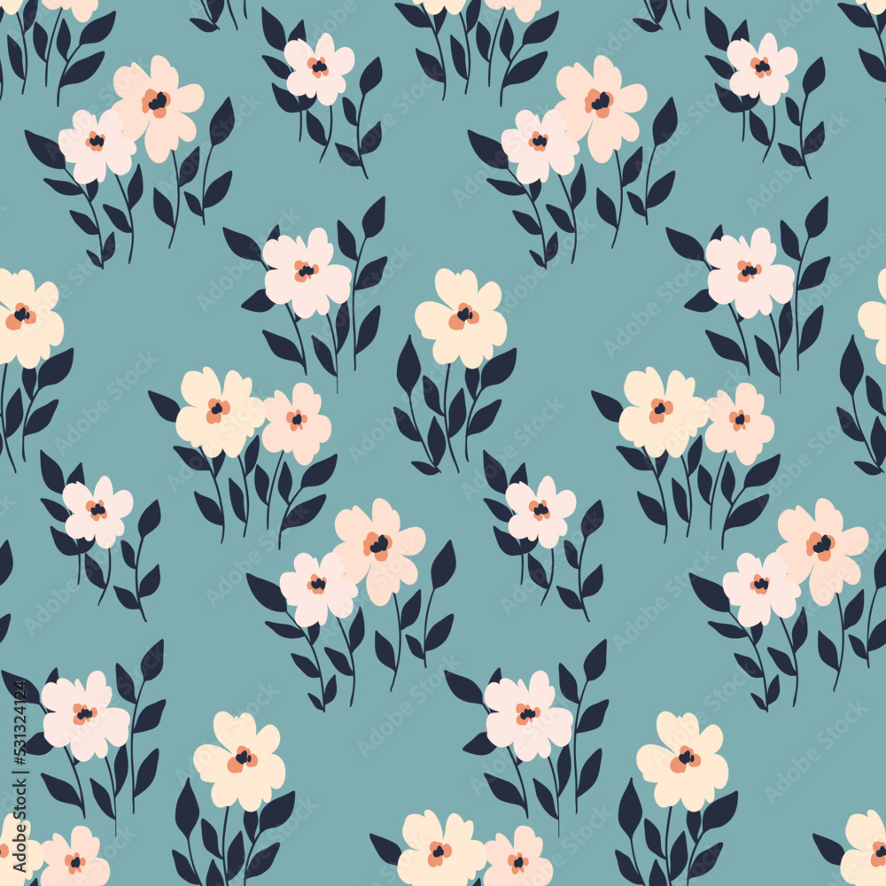 Seamless floral pattern, cute ditsy print with white daisies on a blue background. Pretty botanical surface design with hand drawn wild flowers, leaves on stems. Vector illustration.