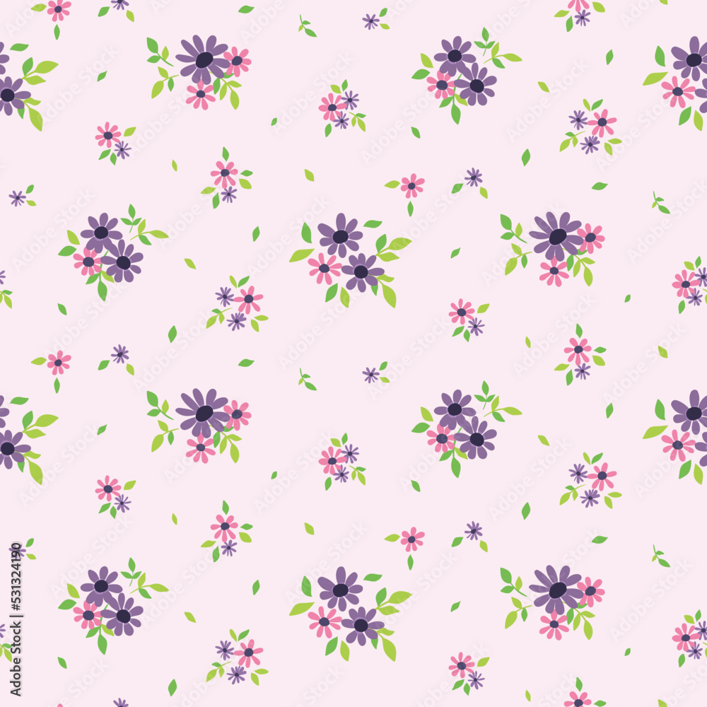 Seamless floral pattern, pretty ditsy print with small flowers bouquets, leaves on a white background. A cute botanical surface design with romantic folk, rustic motifs. Vector illustration.