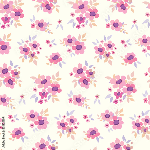 Seamless floral pattern, gentle ditsy print with watercolor flowers arrangement on white background. Romantic botanical surface design with drawing plants: small pink flowers, different leaves. Vector