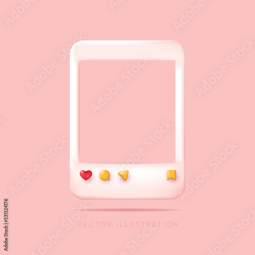 Social media photo frame with love, comment, share and save icon, sending messages, save icons. Vector illustration in minimal 3D style
