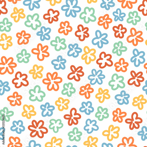 Retro flower power seamless repeat pattern. Simple, hand drawn, vector floral all over surface print on white background.