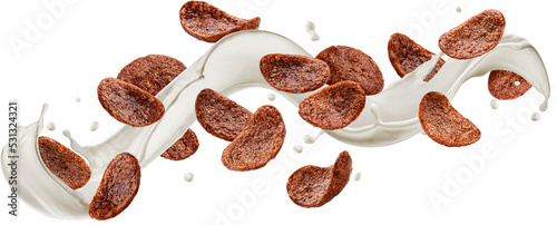 Chocolate corn flakes with milk splash isolated photo