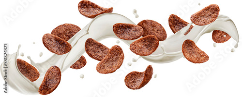 Chocolate corn flakes with milk splash isolated