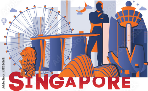 Typography word Singapore branding technology concept. Collection of flat vector web icons. Asian culture travel set, architectures, specialties detailed silhouette. Doodle Malaysia famous landmarks.