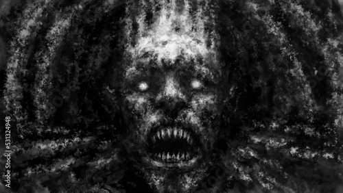 Dark demon face screaming. Scary illustration in horror fantasy genre. Gloomy character nightmares. Evil monster concept art. Spooky hell visions. Coal and noise effect. Black and white background.