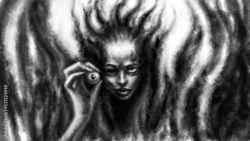 Photos Evil witch demon holds her eye in her hand illustration