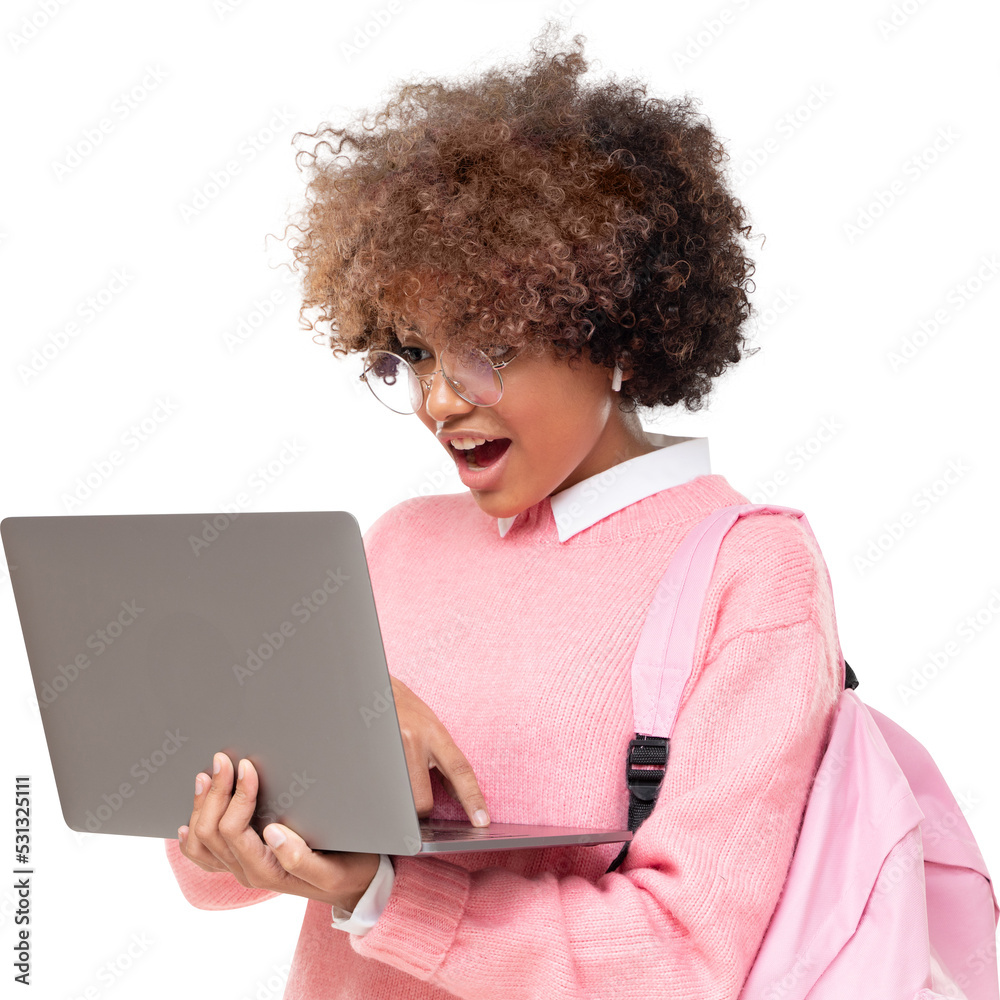 Surprised african american student teen girl, holding laptop with OMG WOW emotion Surprised african american student teen girl, holding laptop with OMG WOW emotion