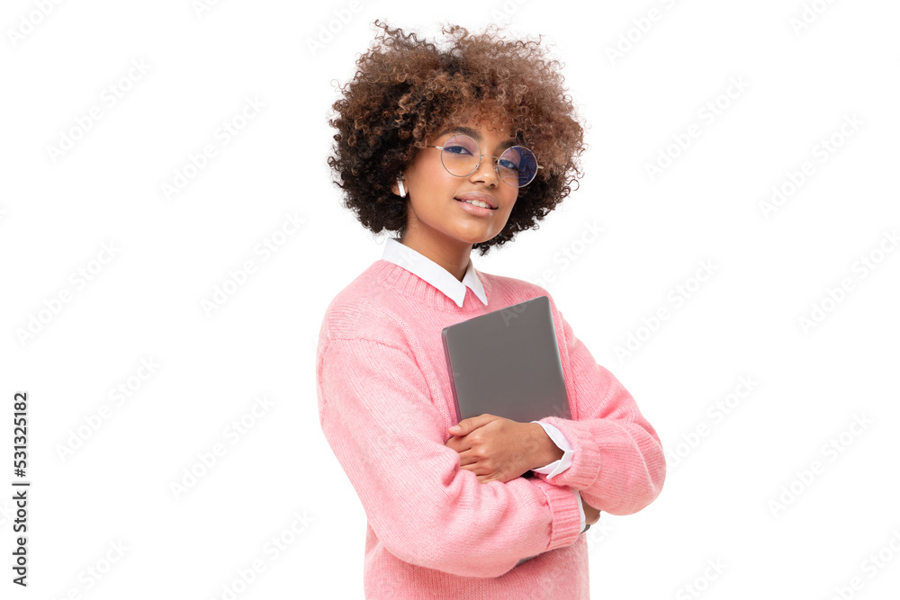 Fashion portrait of african american teen girl, high school or online course student holding laptop - obrazy, fototapety, plakaty 
