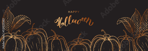 Luxury golden banner template for Halloween. Bronze linear pumpkins and leaves on black background. Happy Halloween lettering