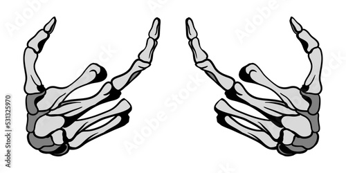 Skeleton hands show the middle finger. T-shirt print for  or Halloween. Hand drawing illustration isolated on white background. Vector EPS 10