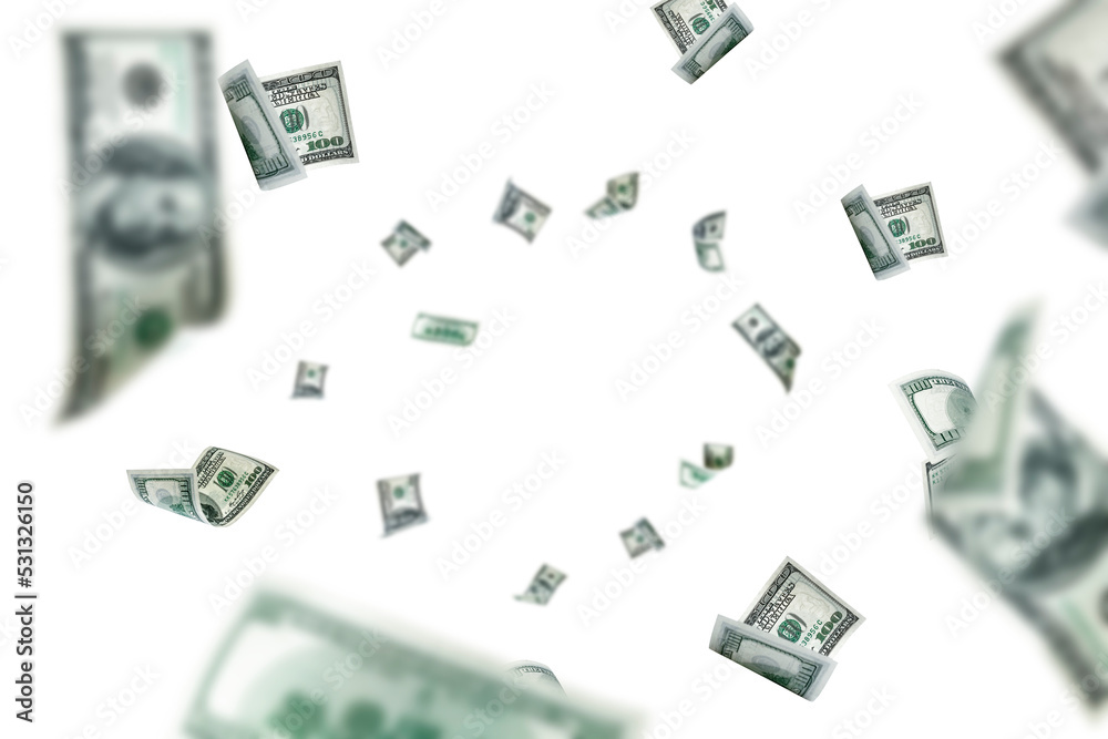 Money stack. Hundred dollars of America. Falling money isolated, us bill background. - obrazy, fototapety, plakaty 