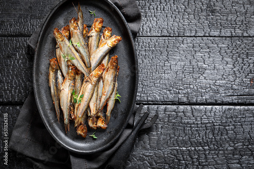 Photography Tasty smoked sprats as popular mediterranean food.