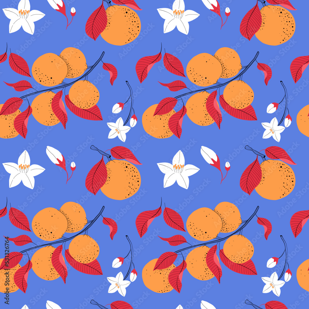 Vector summer pattern with oranges, flowers and leaves. Seamless texture design. Vector summer pattern with oranges, flowers and leaves. Seamless texture design.