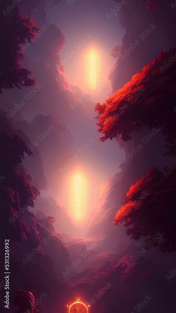 Abstract fantasy neon space landscape. Star nebulae, month and moon, mountains, fog. Unreal fantasy world. Silhouettes, horoscope, zodiac signs. 3D illustration.