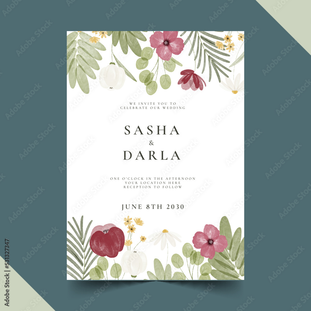 watercolor floral wedding invitation vector design illustration