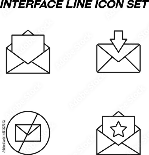 Simple monochrome vector symbols suitable for apps, books, stores, shops etc. Line icons set with signs of crossed envelope, arrow and star next to letter