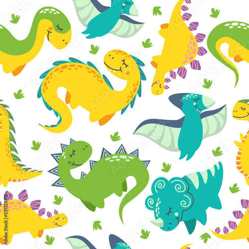 Bright vector seamless pattern. Cute dinosaurs. Pattern for baby clothes, textiles, diapers and fabrics.